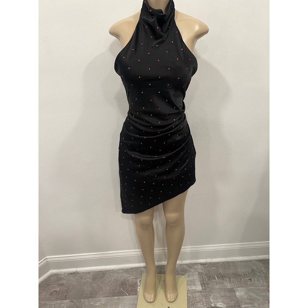 DO+BE Halter Mini Dress Womens Small Black Rhinestone Asymmetrical Ruched